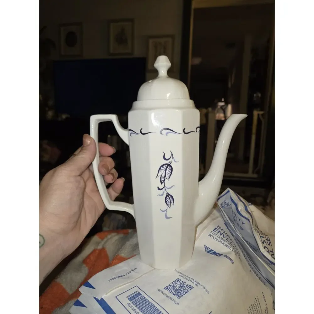 vintage grindley ascot avon blue coffee pot england satin white ironstone 2-6
